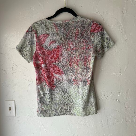 Laura Petites Y2k Small Floral Water Colored Rhinestone Short Slv Semi Sheer Top - Picture 6 of 9